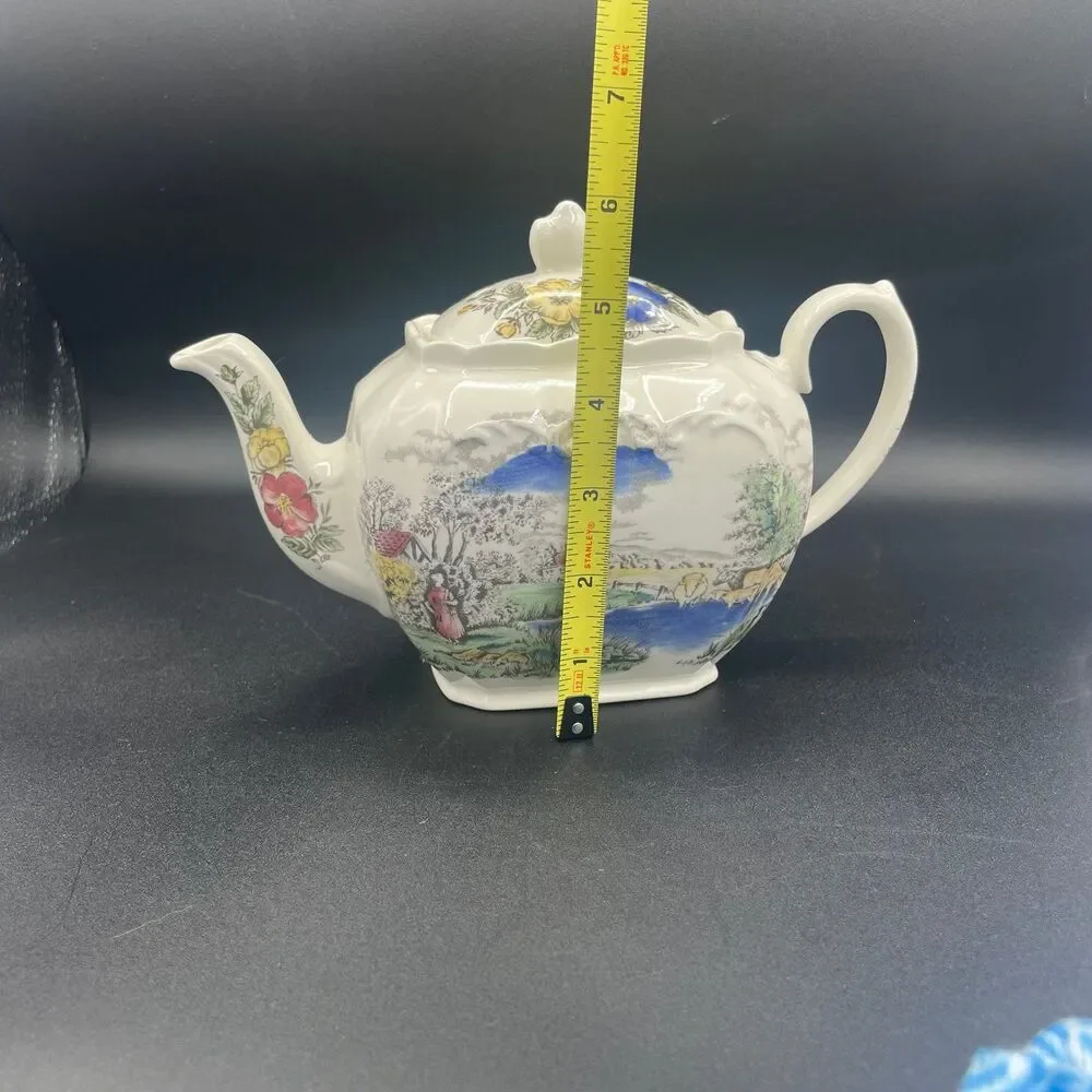 Vintage James Sadler Square Cube Teapot English Country Cottage Garden Scene